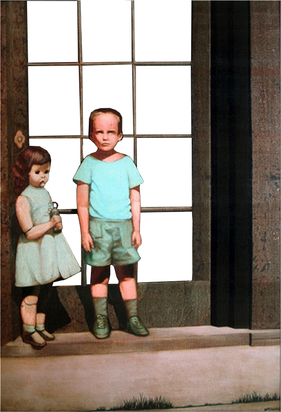 Картина мальчик и кукла у стеклянной двери